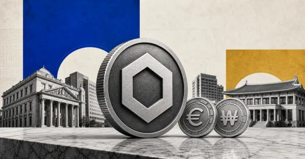 Greyscale Chainlink medallion beside euro and Korean won stablecoin tokens, with European and Korean bank buildings on cobalt and gold editorial panels.