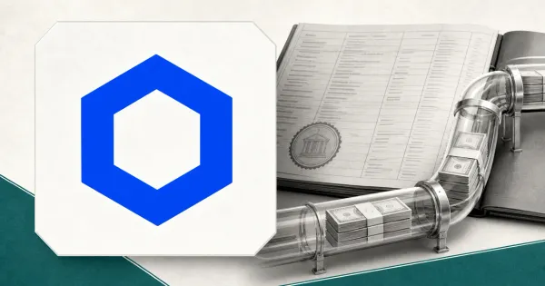 Official blue Chainlink hexagonal logo on a white plaque beside a greyscale collateral-reserve ledger and transparent unbranded cash pipeline on teal and off-white editorial panels