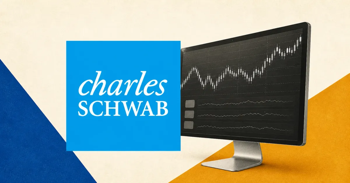 Large official Charles Schwab wordmark on a blue square beside a greyscale unbranded brokerage monitor with market charts, set against off-white, blue and amber editorial panels.