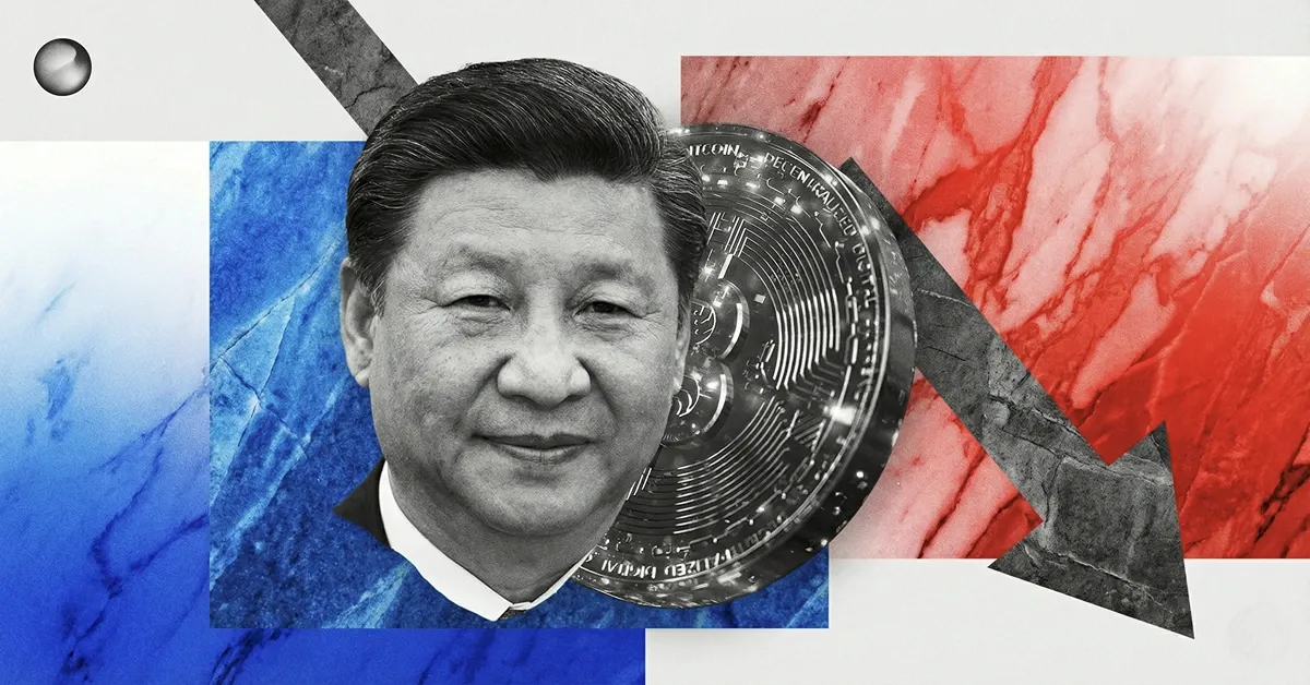 Chinese President Xi Jinping with a Bitcoin coin and downward arrow on red and blue background, representing China’s impact on Bitcoin prices and crypto market regulation