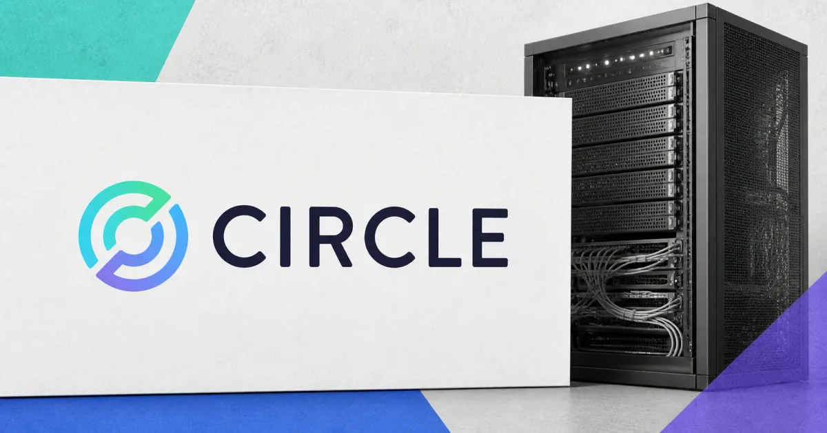 Official Circle logo, large and unobscured, beside a greyscale unbranded institutional validator server cabinet on teal, cobalt blue, violet and off-white editorial panels.