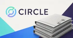 Official Circle wordmark, large and unobscured, beside a greyscale stack of unbranded patent-document folders on turquoise, blue and deep-purple editorial panels.