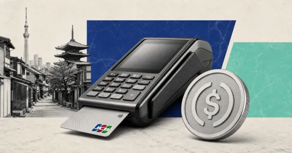 Greyscale JCB payment terminal and USDC coin in front of a Tokyo streetscape on indigo and mint editorial panels.