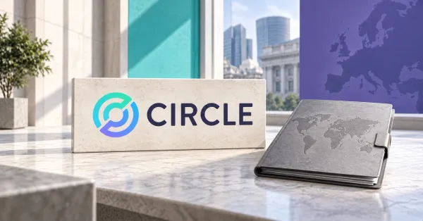 One large official gradient Circle emblem and navy CIRCLE wordmark on an off-white stone sign beside an unbranded greyscale world-map reserve ledger with a metal clasp, against turquoise and violet panels and a blurred institutional skyline.