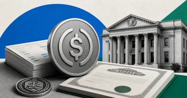 Greyscale Circle logo coin, OCC bank facade and USDC reserve documents on blue, green and off-white editorial news panels.