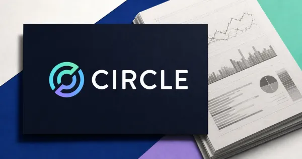 Large official Circle wordmark on a dark plaque beside a greyscale financial-results document with charts on blue, turquoise, violet and off-white editorial panels.