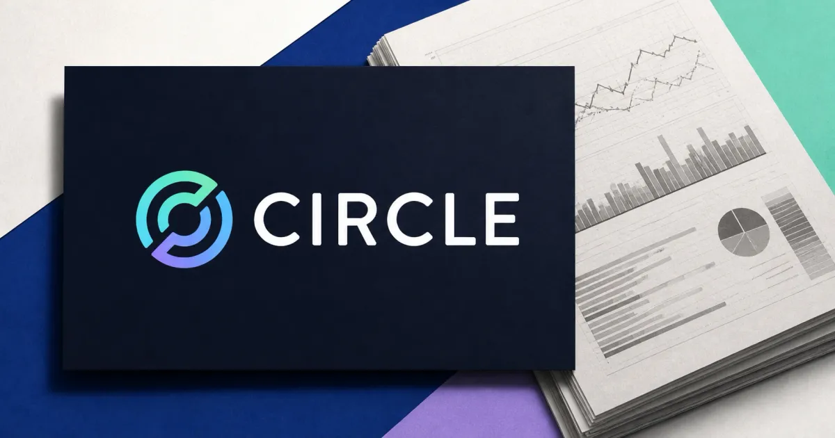 Large official Circle wordmark on a dark plaque beside a greyscale financial-results document with charts on blue, turquoise, violet and off-white editorial panels.