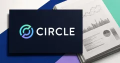 Large official Circle wordmark on a dark plaque beside a greyscale financial-results document with charts on blue, turquoise, violet and off-white editorial panels.