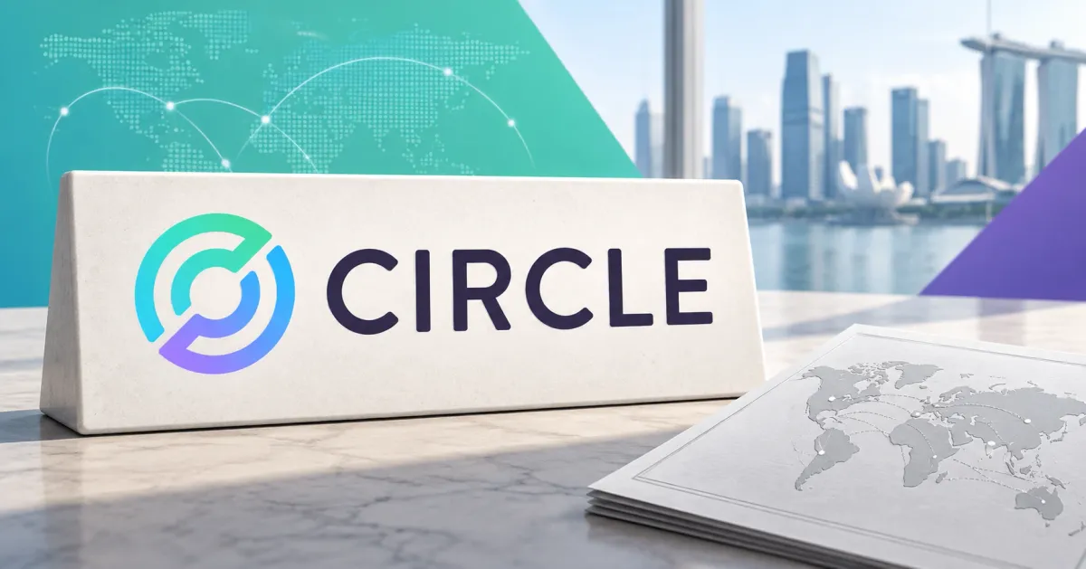 Large official gradient Circle symbol and dark CIRCLE wordmark on an off-white desk sign beside an unbranded greyscale world-map payment document, with turquoise and violet panels and Singapore skyline.