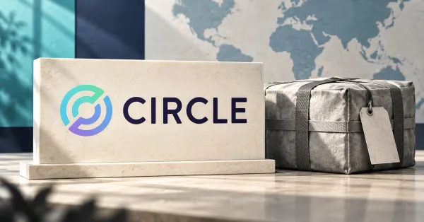 Large official gradient Circle emblem and dark CIRCLE wordmark on an off-white desk sign beside an unbranded greyscale supply parcel with straps and a blank delivery docket.