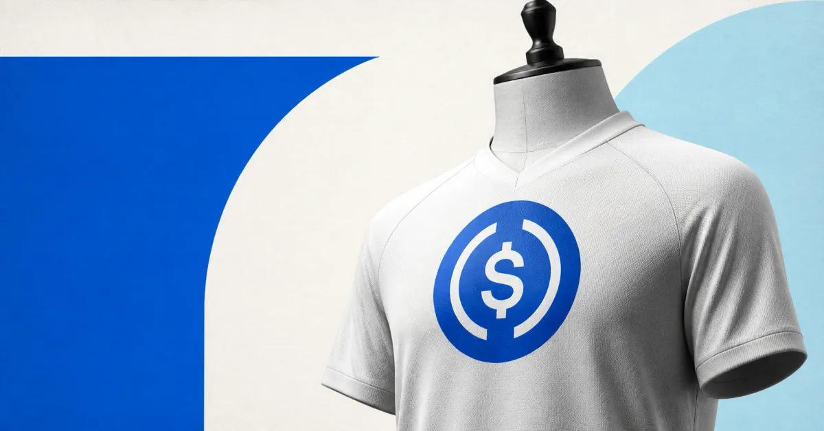 Large official blue USDC token logo, unobscured on a greyscale unbranded football shirt displayed on a mannequin against cobalt blue, pale-cyan and off-white editorial panels.