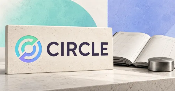 One large official gradient Circle emblem and dark CIRCLE wordmark on a pale limestone sign beside a smaller unbranded greyscale accounting ledger and steel paperweight, against mint and periwinkle panels.