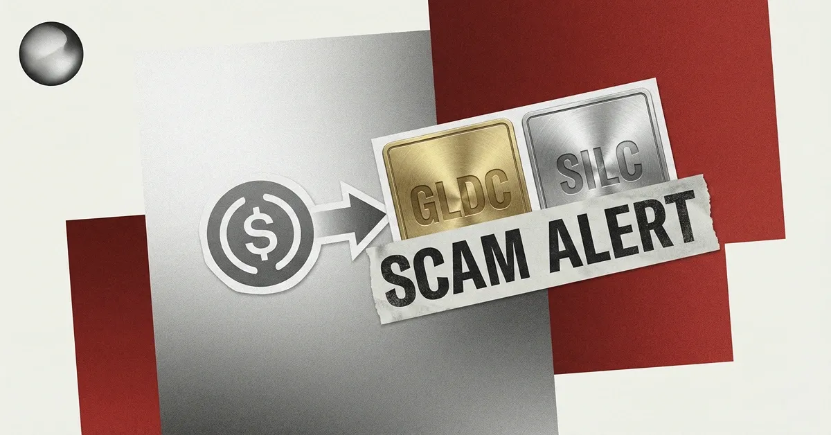 USDC icon pointing toward gold and silver tiles labeled GLDC and SILC with a scam alert banner, illustrating a fake CircleMetals press release claim