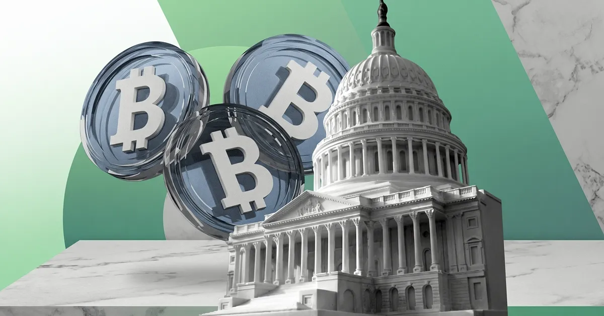 U.S. Capitol building framed by Bitcoin and stablecoin imagery, representing resumed Senate market structure negotiations and the CLARITY Act