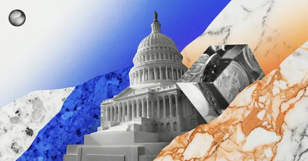 U.S. Capitol building with cryptocurrency coin imagery, representing U.S. government regulation, crypto legislation, and digital asset policy debates