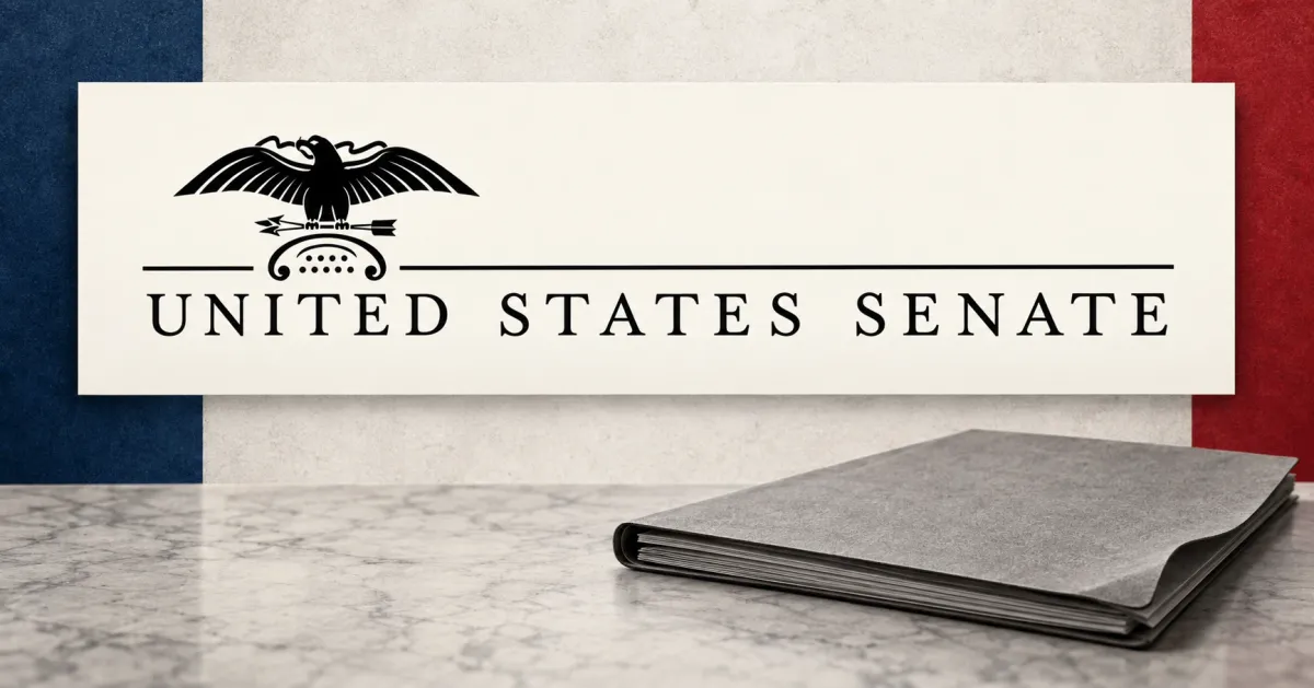 Prominent official black United States Senate eagle-and-wordmark on an ivory plaque beside an unbranded greyscale legislative folder, with navy and crimson background panels.
