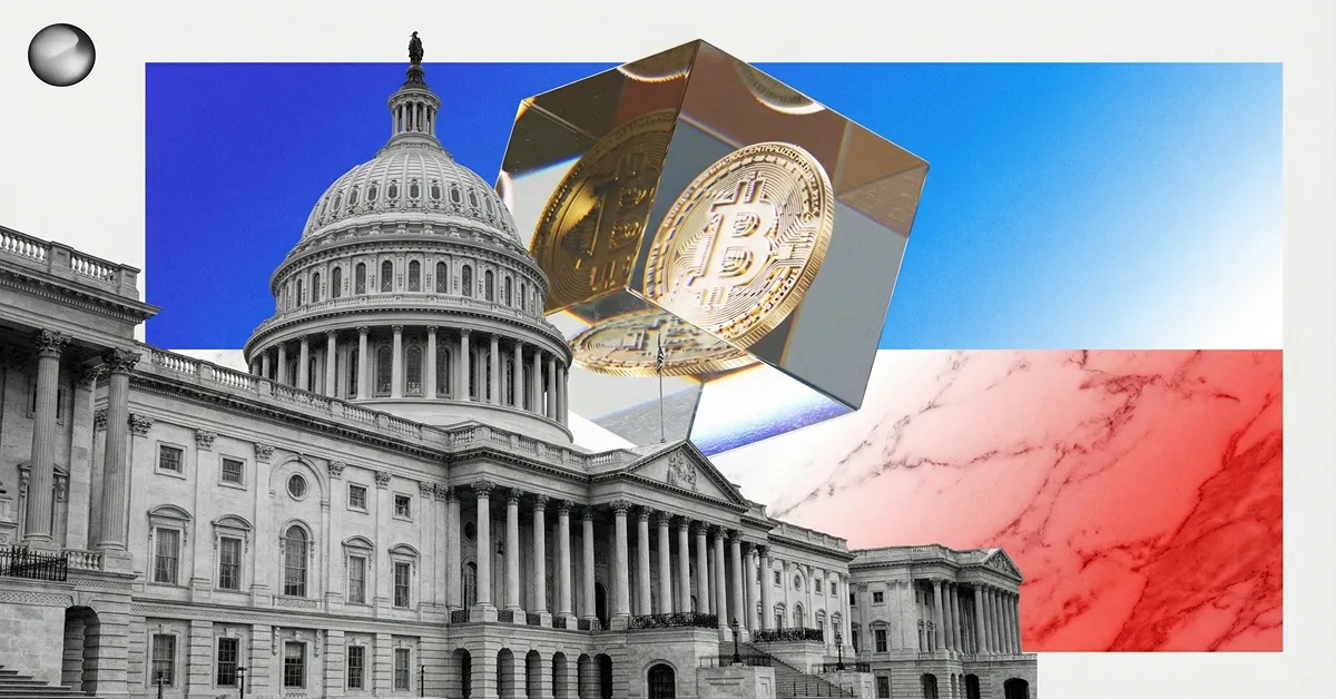 U.S. Capitol building with Bitcoin cube overlay, symbolizing crypto regulation and congressional policy on digital assets
