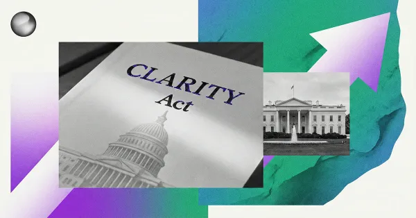 Clarity Act document with U.S. Capitol illustration and White House inset on a green and purple backdrop, illustrating U.S. crypto regulation progress
