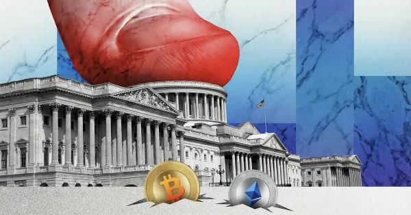 U.S. Capitol building with boxing glove hitting Bitcoin and Ethereum coins, symbolizing regulatory pressure on cryptocurrency market structure