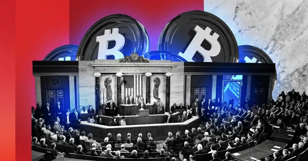Bitcoin coins behind the U.S. Congress chamber representing cryptocurrency legislation, Bitcoin regulation, and digital asset policy debates in Washington DC