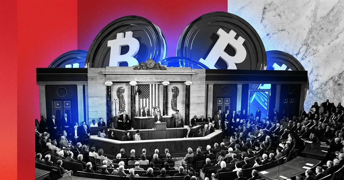 Bitcoin coins behind the U.S. Congress chamber representing cryptocurrency legislation, Bitcoin regulation, and digital asset policy debates in Washington DC