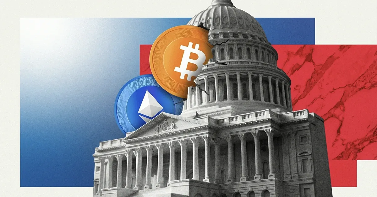 U.S. Capitol building with Bitcoin and Ethereum logos, representing crypto regulation, digital asset policy, and government oversight in the United States