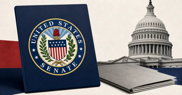 Large official United States Senate seal on a navy agenda folder beside a greyscale U.S. Capitol dome and an unbranded document folder.