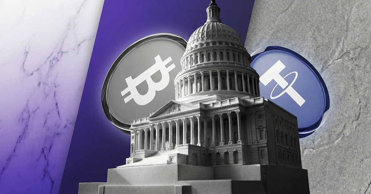 U.S. Capitol building flanked by Bitcoin and Tether symbols, representing growing government oversight and regulatory focus on both cryptocurrencies and stablecoins in the financial system