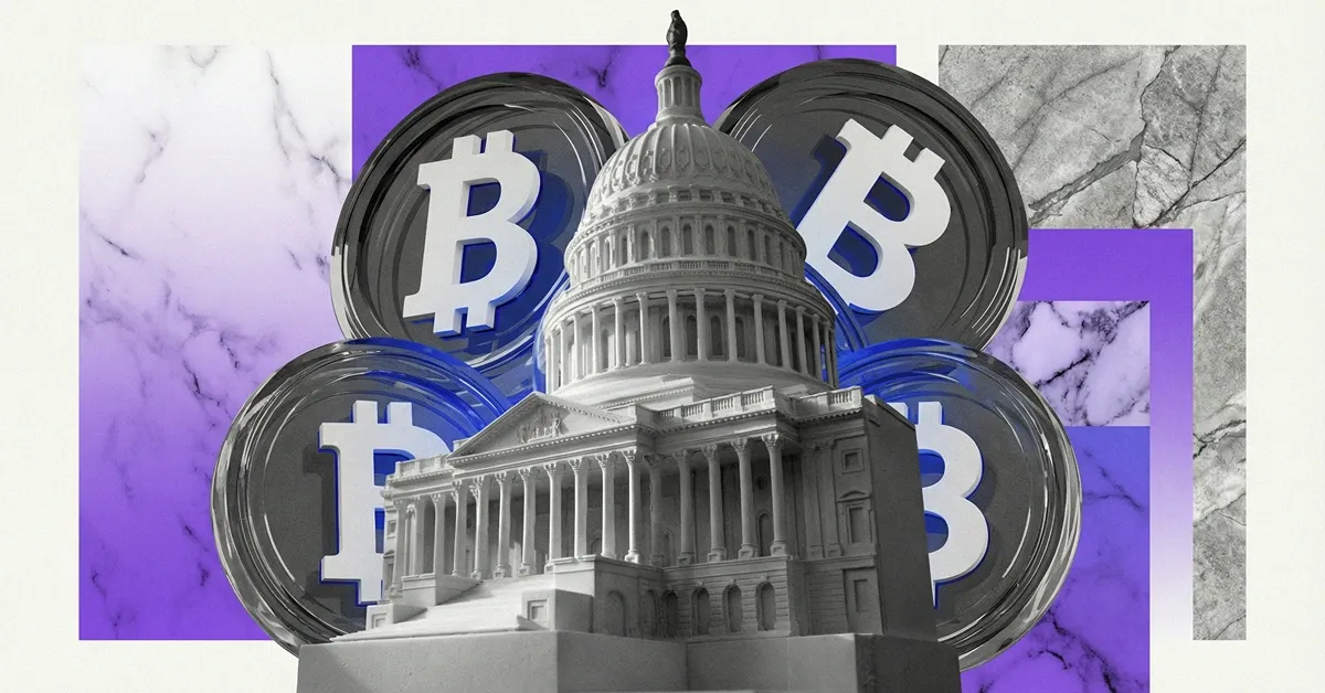 U.S. Capitol building surrounded by multiple Bitcoin coins, symbolizing government regulation, policy influence, and growing political focus on Bitcoin and cryptocurrency markets