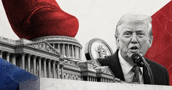 Donald Trump speaking beside the U.S. Capitol with a Bitcoin coin, symbolizing political influence, crypto policy debates