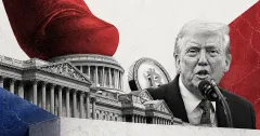 Donald Trump speaking beside the U.S. Capitol with a Bitcoin coin, symbolizing political influence, crypto policy debates