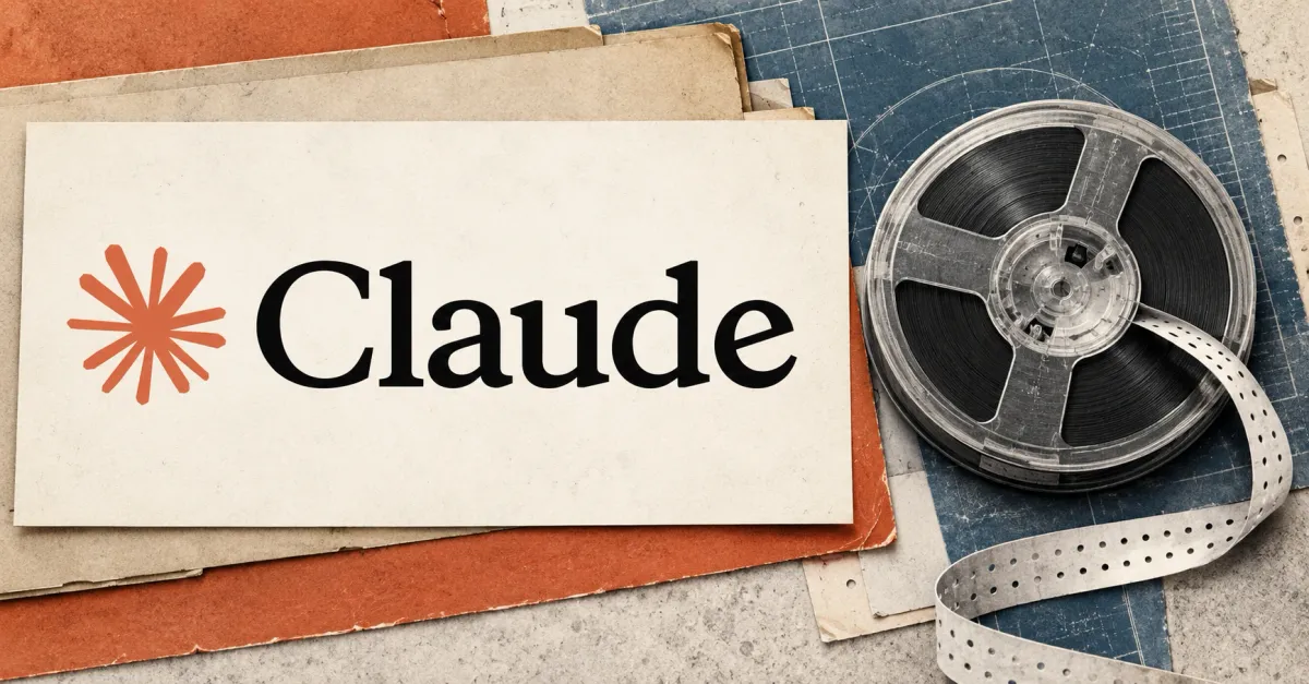 Large official Claude orange starburst and black wordmark on an ivory archival card beside an unbranded greyscale computer tape reel and punched paper strip, with terracotta and steel-blue panels.