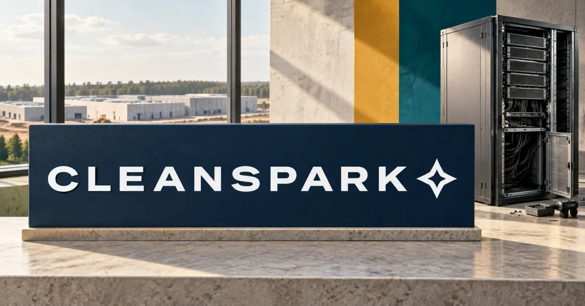 Large official white CLEANSPARK wordmark and angular star on a navy stone desk sign beside an unbranded greyscale server rack with an open lower panel, against teal and amber panels and a data-center construction backdrop.