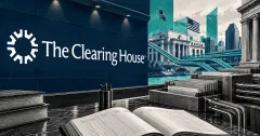 Large official white The Clearing House logo on a navy bank clearing-room wall beside an unbranded greyscale settlement ledger and payment-routing equipment.