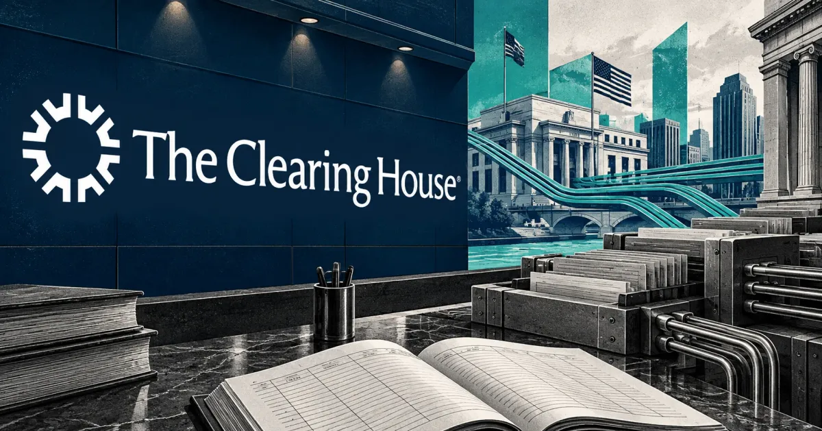 Large official white The Clearing House logo on a navy bank clearing-room wall beside an unbranded greyscale settlement ledger and payment-routing equipment.