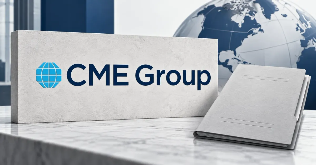 Large official cyan globe and navy CME Group wordmark on a stone sign beside an unbranded greyscale contract folder, with a muted globe in the background.