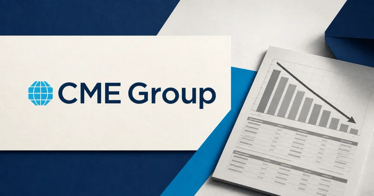 Large official CME Group globe and wordmark on an off-white plaque beside a greyscale unbranded futures-positioning report with a declining chart, on navy and cyan editorial panels.