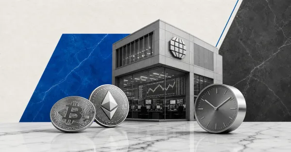 Greyscale CME-style exchange building, Bitcoin and Ethereum coins, and a clock on blue and graphite editorial panels representing 24/7 CME crypto futures and options trading.
