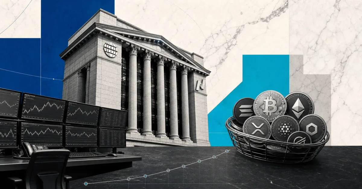 Greyscale regulated futures exchange facade and crypto index token basket on blue and cyan editorial panels, representing CME and Nasdaq crypto index futures