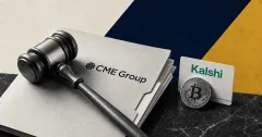 Greyscale judge's gavel on a CME Group legal folder beside a Bitcoin coin and Kalshi card on navy and gold editorial panels.
