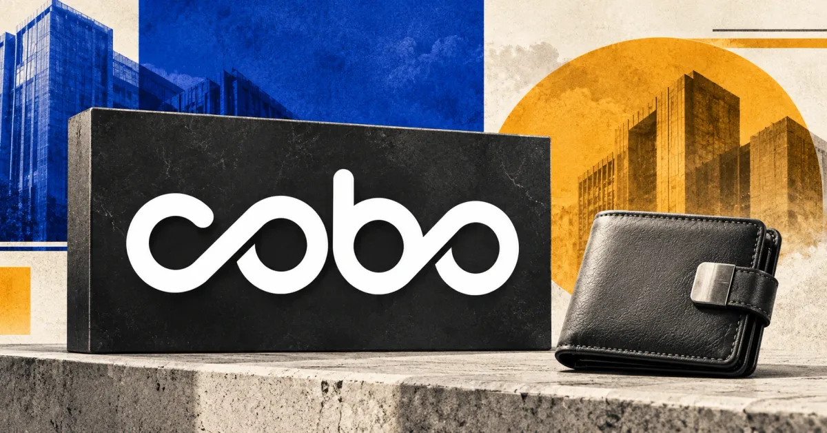 Large official white Cobo wordmark on a charcoal sign beside an unbranded greyscale closed leather wallet with a metal clasp, against off-white, cobalt and amber editorial panels.