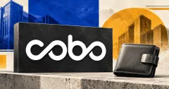 Large official white Cobo wordmark on a charcoal sign beside an unbranded greyscale closed leather wallet with a metal clasp, against off-white, cobalt and amber editorial panels.