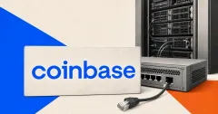 Official blue Coinbase wordmark on a large off-white plaque beside a greyscale network gateway, server rack and unplugged cable on cobalt blue and orange editorial panels.