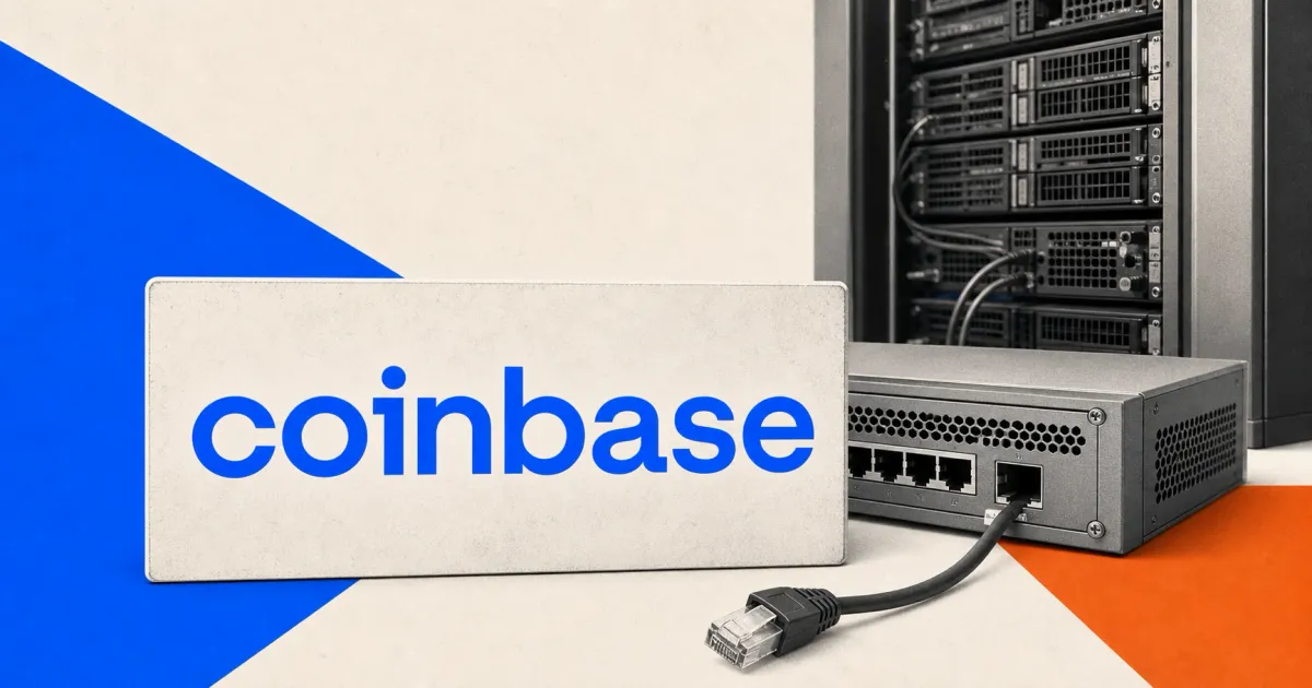 Official blue Coinbase wordmark on a large off-white plaque beside a greyscale network gateway, server rack and unplugged cable on cobalt blue and orange editorial panels.
