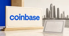 Large official blue Coinbase wordmark on a cream plaque beside an unbranded greyscale tokenized-security certificate and an Abu Dhabi financial-district skyline.