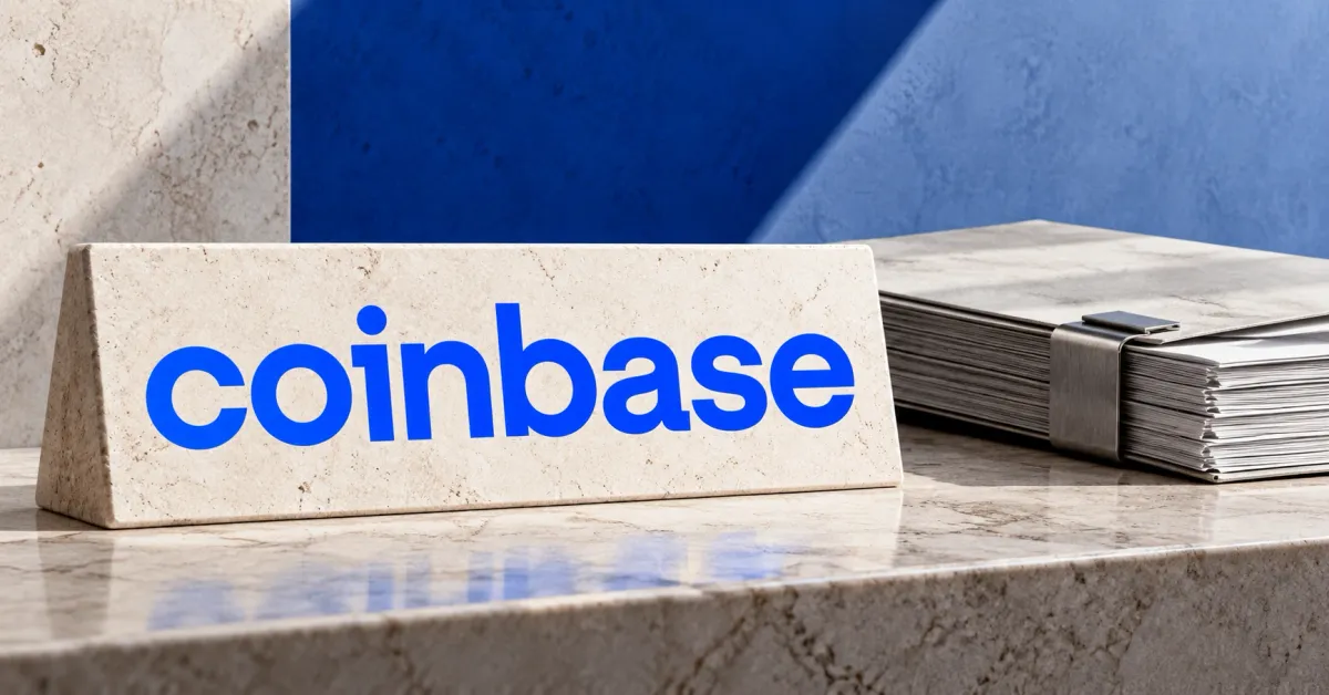 Large official blue lowercase Coinbase wordmark on an ivory stone desk sign beside a smaller unbranded greyscale court-document folio secured with a steel clasp, against off-white, cobalt and slate-blue panels.