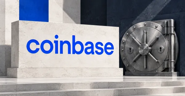 Large official blue lowercase Coinbase wordmark on an off-white limestone sign beside an unbranded greyscale steel vault door with two keyholes, against cobalt and slate panels.
