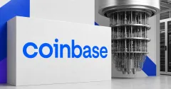 Large official blue Coinbase wordmark on an off-white plaque beside a greyscale quantum-computing processor in a clean technical newsroom scene.