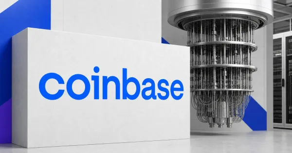 Large official blue Coinbase wordmark on an off-white plaque beside a greyscale quantum-computing processor in a clean technical newsroom scene.