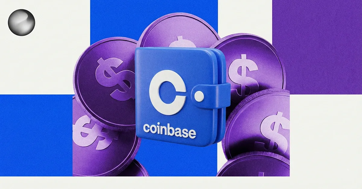 Coinbase wallet logo surrounded by purple dollar-symbol coins on a blue and white background, illustrating Coinbase-branded stablecoins for businesses